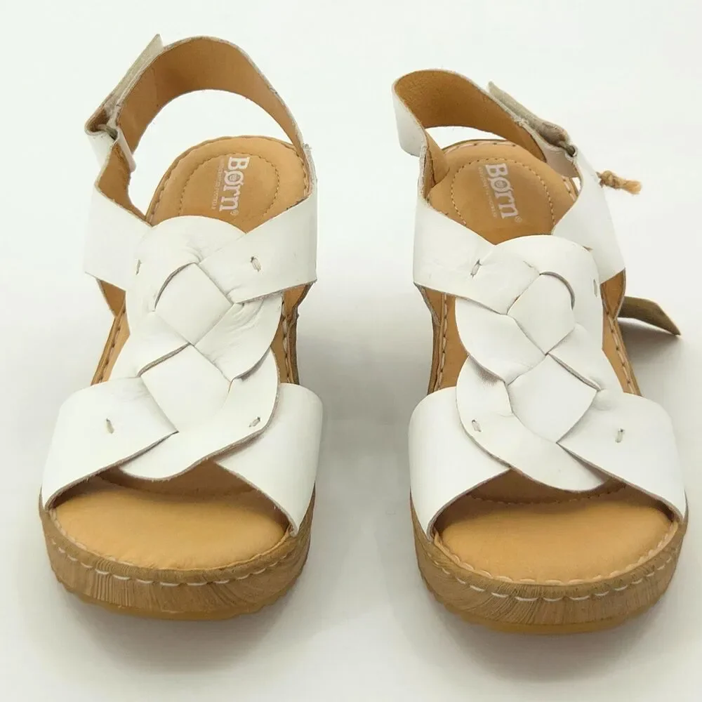 Born Nina Leather Wedge Sandals Womens Size 11 White Boho Neutral Summer Granny